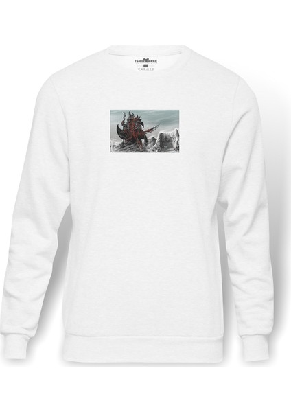Skyrim Epic Baskılı Beyaz Erkek Örme Sweatshirt Uzun Kol