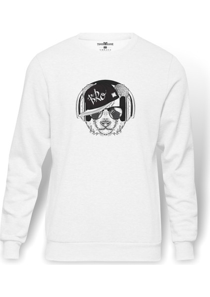 Gözlüklü Kulaklık Ve Hip Hop Şapkalı Baskılı Beyaz Erkek Örme Sweatshirt Uzun Kol