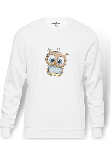 Gri Gömlek Illüstrasyon Kahverengi Baykuş Baykuş Baskılı Beyaz Erkek Örme Sweatshirt Uzun Kol