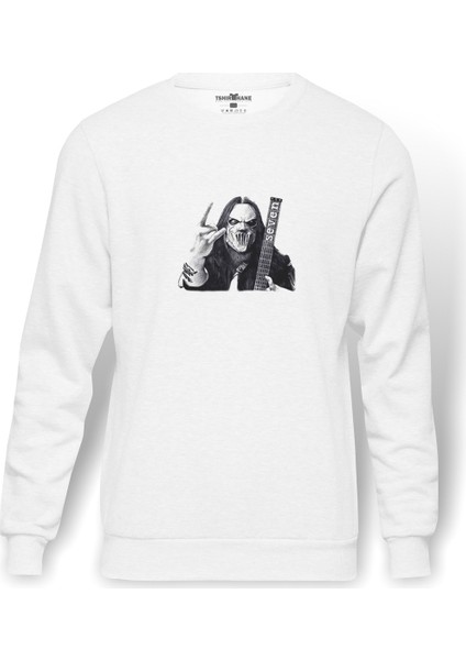 Slipknot Mıck Thomson Silüet Metal Rock Baskılı Beyaz Erkek Örme Sweatshirt Uzun Kol