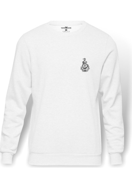 Gri Pusula Illüstrasyon Pusula Çapa Geminin Baskılı Beyaz Erkek Örme Sweatshirt Uzun Kol