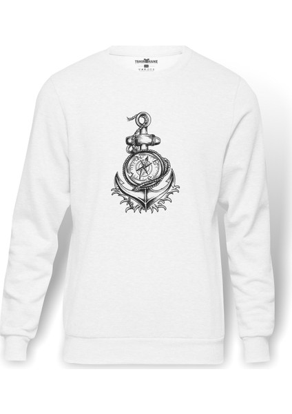 Gri Pusula Illüstrasyon Pusula Çapa Geminin Baskılı Beyaz Erkek Örme Sweatshirt Uzun Kol