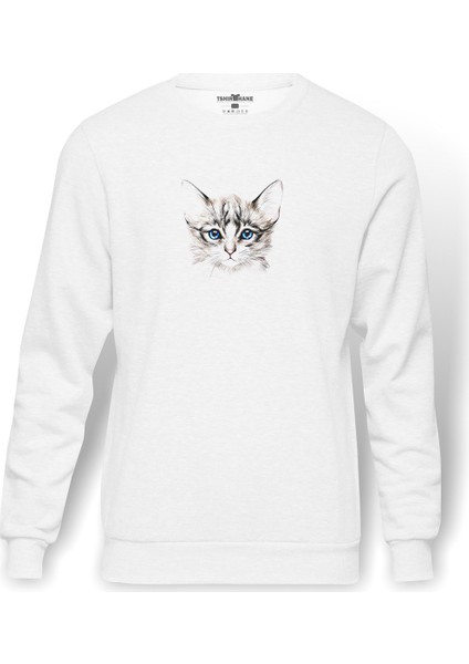 Gri Ve Beyaz Yavru Kedi Illüstrasyon Baskılı Beyaz Erkek Örme Sweatshirt Uzun Kol