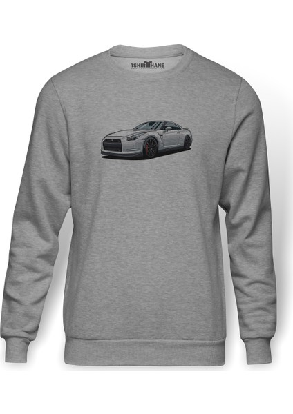 Nissan Gt R Ön Baskılı Gri Erkek Örme Sweatshirt Uzun Kol