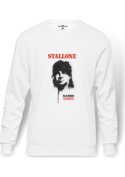 Stallone Hat Sylvester Stallone In Rambo Baskılı Beyaz Erkek Örme Sweatshirt Uzun Kol
