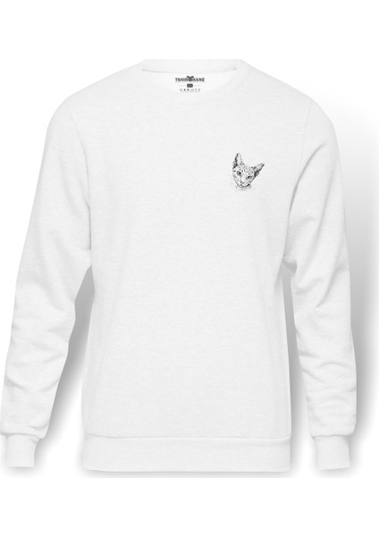 Kedi Çizim Sevimli Kedi Göğüs Baskılı Beyaz Erkek Örme Sweatshirt Uzun Kol