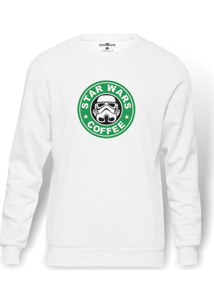 Star Wars Coffee Baskılı Beyaz Erkek Örme Sweatshirt Uzun Kol