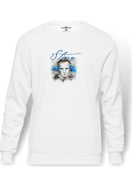 Stıng Baskılı Beyaz Erkek Örme Sweatshirt Uzun Kol