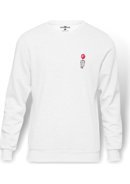Kedi Ve Kırmızı Balon Kedi Yavru Baskılı Beyaz Erkek Örme Sweatshirt Uzun Kol