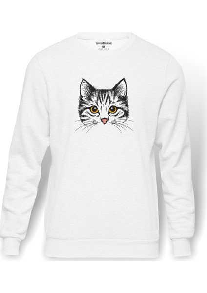 Kedi Yavru Kedi Sevimli Kedi Baskılı Beyaz Erkek Örme Sweatshirt Uzun Kol