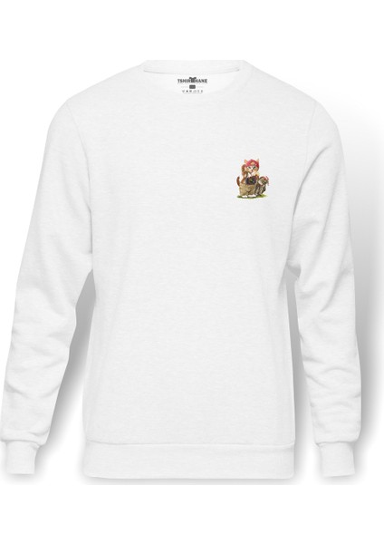 Kedicik Ve Baykuş Fotoğrafm Makinesi Camera Baskılı Beyaz Erkek Örme Sweatshirt Uzun Kol