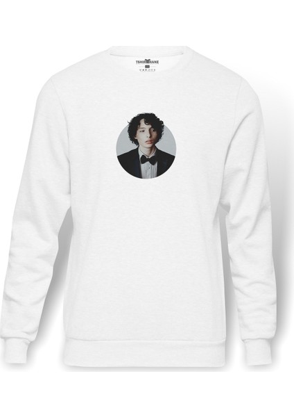 Stranger Things Finn Baskılı Beyaz Erkek Örme Sweatshirt Uzun Kol