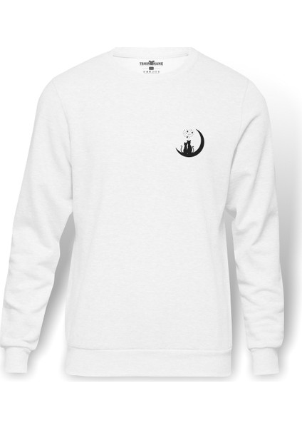 Kediler Aşk Ay Yıldızlar Göğüs Baskılı Beyaz Erkek Örme Sweatshirt Uzun Kol