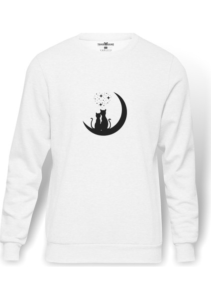 Kediler Aşk Ay Yıldızlar Baskılı Beyaz Erkek Örme Sweatshirt Uzun Kol