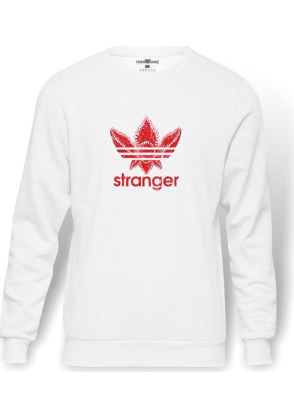 Stranger Yaprak Logo Baskılı Beyaz Erkek Örme Sweatshirt Uzun Kol