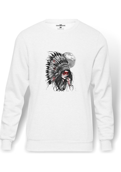 Kızılderili Kız Ay Baskılı Beyaz Erkek Örme Sweatshirt Uzun Kol