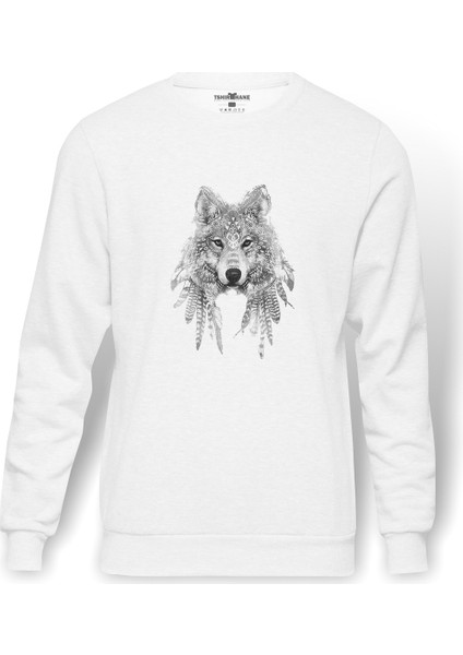 Kurt Baskılı Beyaz Erkek Örme Sweatshirt Uzun Kol