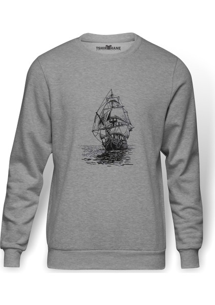 Amiral Gemisi Çizim Yelkenli Gemi Kalem Baskılı Gri Erkek Örme Sweatshirt Uzun Kol