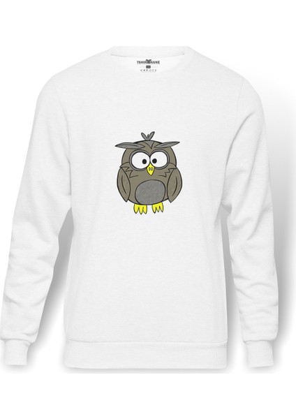 Owl Baykuş Baskılı Beyaz Erkek Örme Sweatshirt Uzun Kol