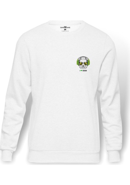 Panda I Love Music Göğüs Baskılı Beyaz Erkek Örme Sweatshirt Uzun Kol