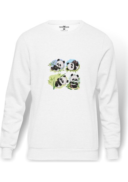 Panda Baskılı Beyaz Erkek Örme Sweatshirt Uzun Kol