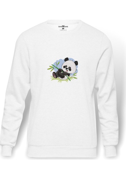 Panda Baskılı Beyaz Erkek Örme Sweatshirt Uzun Kol
