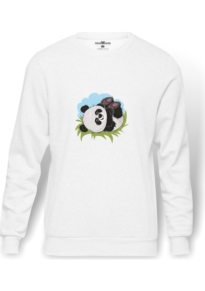 Panda Baskılı Beyaz Erkek Örme Sweatshirt Uzun Kol