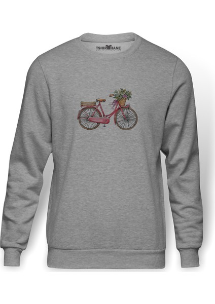 Bisiklet Gül Sepetli Pembe Bisiklet Baskılı Gri Erkek Örme Sweatshirt Uzun Kol
