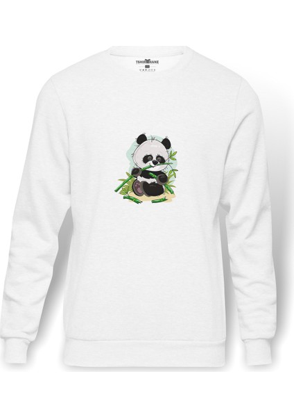 Panda Baskılı Beyaz Erkek Örme Sweatshirt Uzun Kol