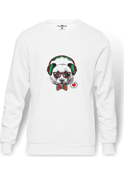 Panda Baskılı Beyaz Erkek Örme Sweatshirt Uzun Kol