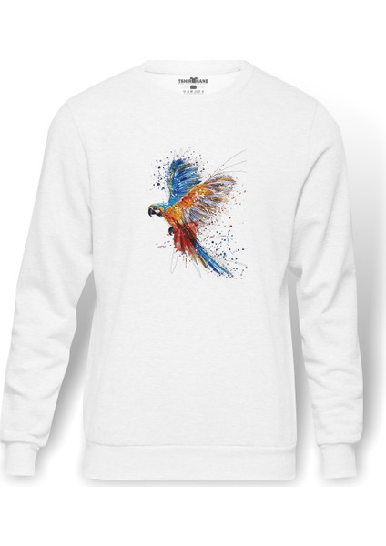Papağan Sulu Boya Damlamalı Baskılı Beyaz Erkek Örme Sweatshirt Uzun Kol