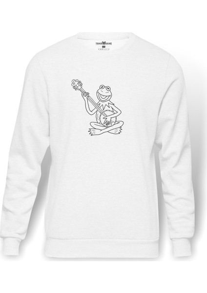 The Frog Gitarlı Kurbağa Kermit Baskılı Beyaz Erkek Örme Sweatshirt Uzun Kol