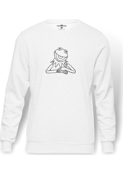 The Frog Kurbağa Kermit Baskılı Beyaz Erkek Örme Sweatshirt Uzun Kol