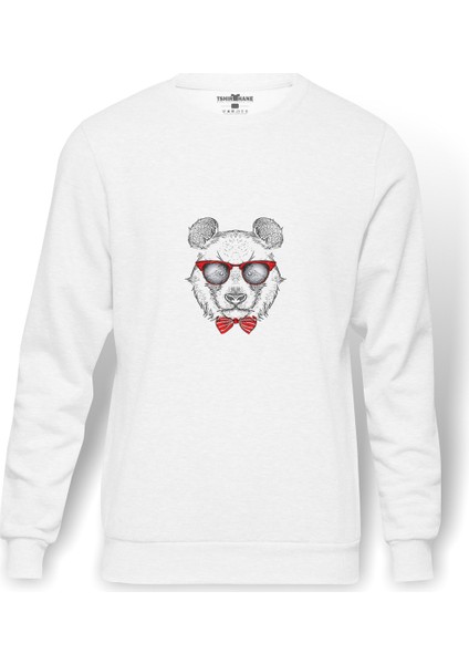Payonlu Gözlüklü Ayı Baskılı Beyaz Erkek Örme Sweatshirt Uzun Kol