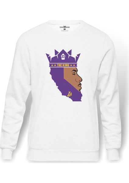 The King 23 La Basketbol Baskılı Beyaz Erkek Örme Sweatshirt Uzun Kol