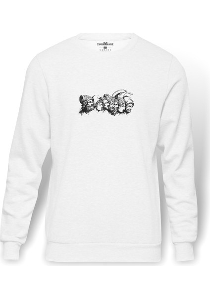 Trojan Truva Baskılı Beyaz Erkek Örme Sweatshirt Uzun Kol