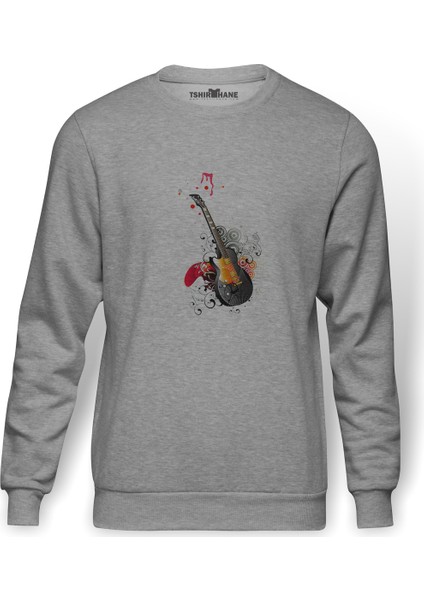 Gitar Art Baskılı Gri Erkek Örme Sweatshirt Uzun Kol
