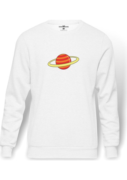 Saturn Baskılı Beyaz Erkek Örme Sweatshirt Uzun Kol