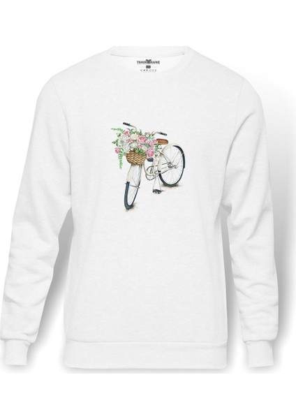 Sepetli Bisiklet Baskılı Beyaz Erkek Örme Sweatshirt Uzun Kol