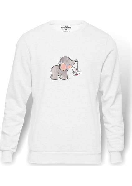 Sevimli Fil Tavşan Salıncak Baskılı Beyaz Erkek Örme Sweatshirt Uzun Kol