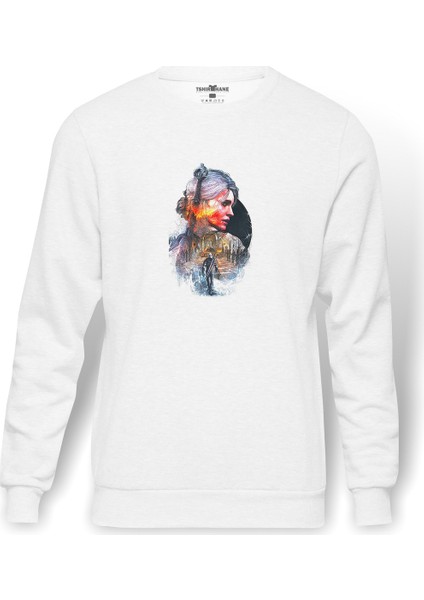 The Witcher Baskılı Beyaz Erkek Örme Sweatshirt Uzun Kol
