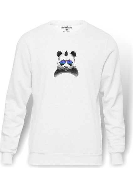 Thor Hummers Neatoshop Dj Punk Panda Baskılı Beyaz Erkek Örme Sweatshirt Uzun Kol