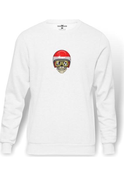 Tree Skull Helmet Biker Skull Wearing Baskılı Beyaz Erkek Örme Sweatshirt Uzun Kol