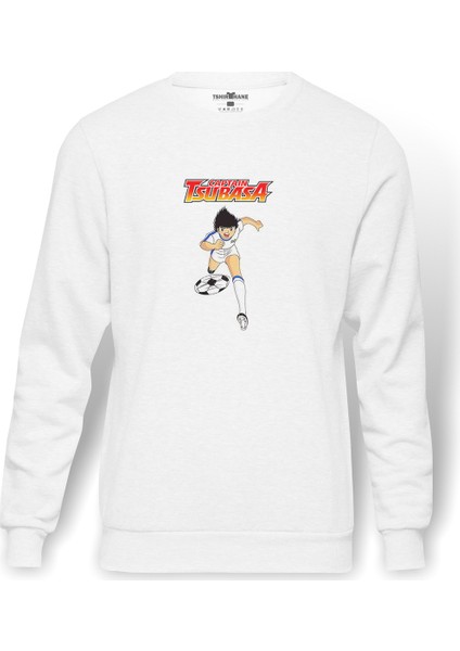 Tsubasa Captain Baskılı Beyaz Erkek Örme Sweatshirt Uzun Kol