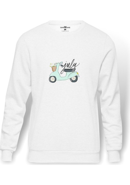 Tumblr Vespa Baskılı Beyaz Erkek Örme Sweatshirt Uzun Kol