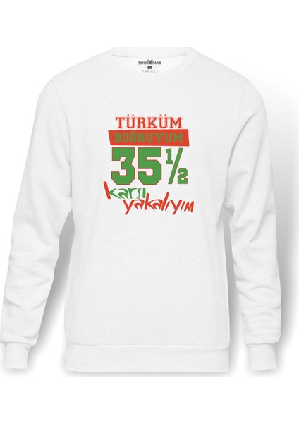 Türküm Doğruyum Karşıyakalıyım İzmir 35,5 Baskılı Beyaz Erkek Örme Sweatshirt Uzun Kol