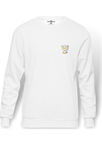Şaşkın Baykuş Göğüs Baskılı Beyaz Erkek Örme Sweatshirt Uzun Kol