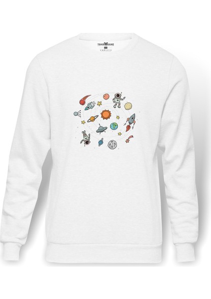 Uzay Astronomi Çocuk Baskılı Beyaz Erkek Örme Sweatshirt Uzun Kol