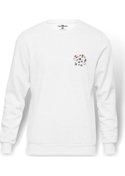 Uzay Astronomi Göğüs Baskılı Beyaz Erkek Örme Sweatshirt Uzun Kol