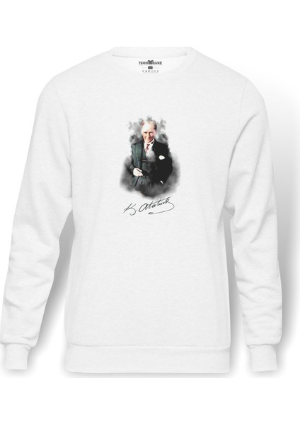 Ulu Önder Mustafa Kemal Atatürk Baskılı Beyaz Erkek Örme Sweatshirt Uzun Kol